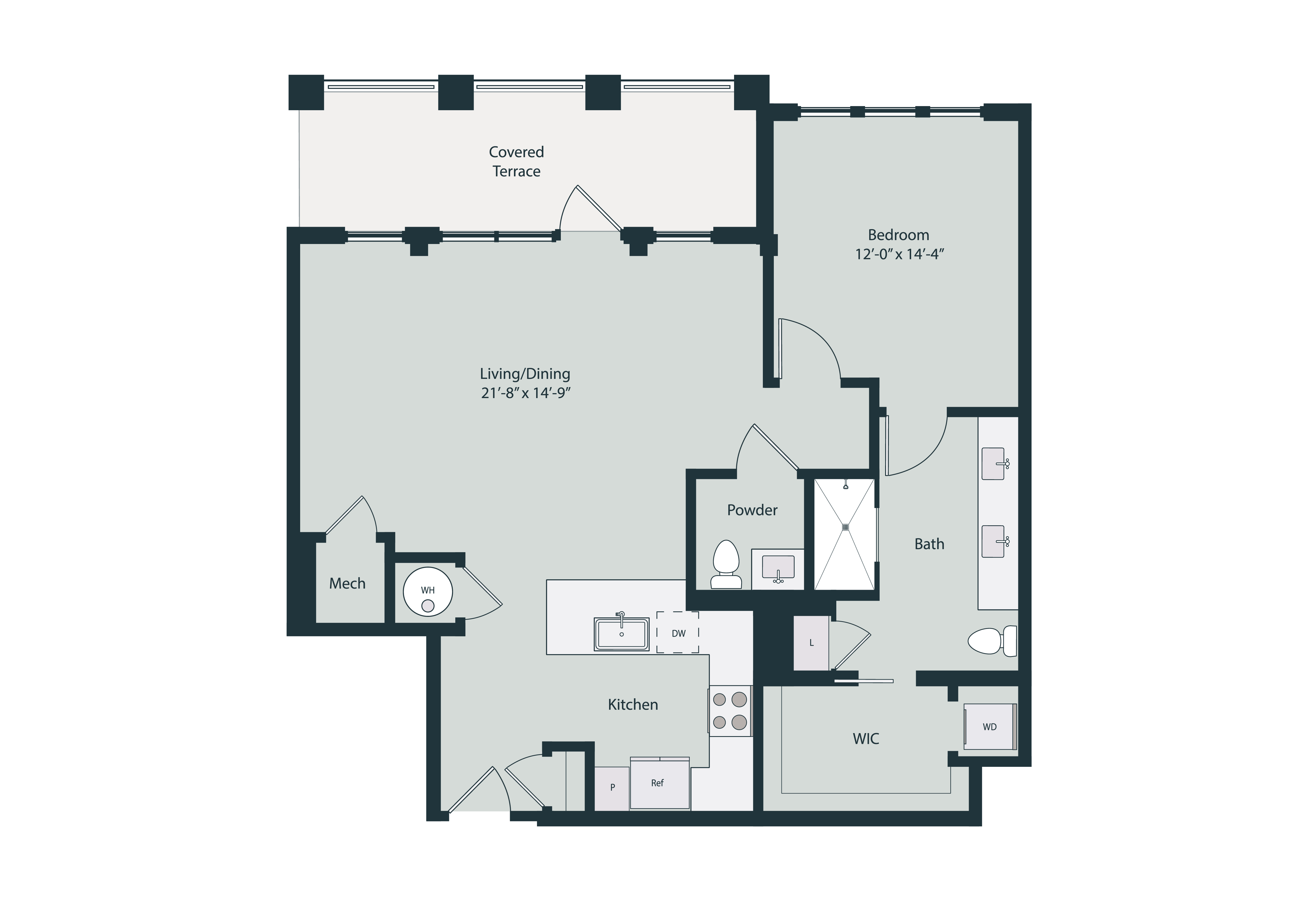 Floor plan for 1 bed, 1.5 baths, 1050 sqft